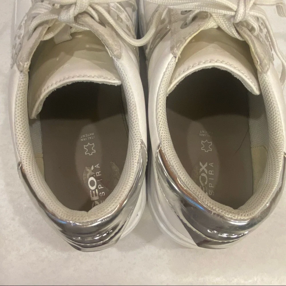 Geox Respira Pontoise White Silver Leather Sneaker Women's 9 Retro Chunky